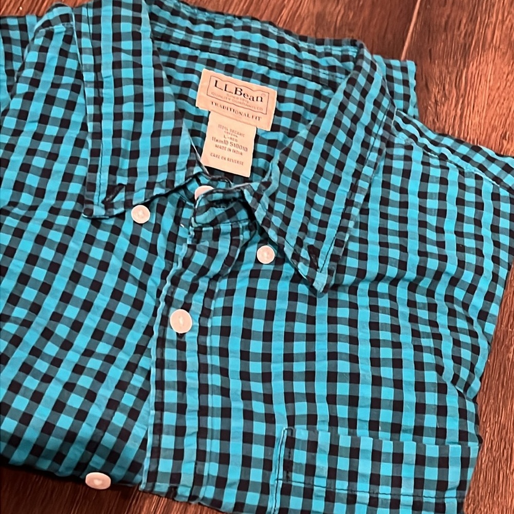 LL Bean Mens Large Cotton Shirt Wrinkle Free Green Check Long Sleeves Fennel